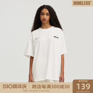 BONELESS磨损字母logo标语T恤夏季国潮男女纯棉美式复古宽松短袖