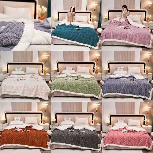 新品Solid Color Lamb Wool Blanket with JacquarRd  Double Lay