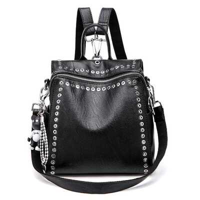 极速2020 New Women oGenuine Leather Backpack Rivet Multifunc