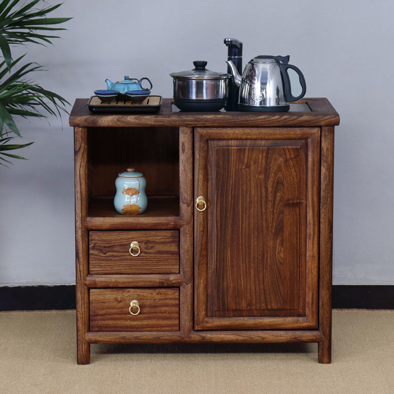 极速新中式茶水柜小型柜子实木餐边储物柜客厅多功能Y榆木茶边柜