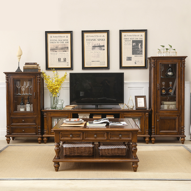 极速美式实木茶几乡村白蜡木仿古茶几客厅简约双层带X抽屉茶桌方