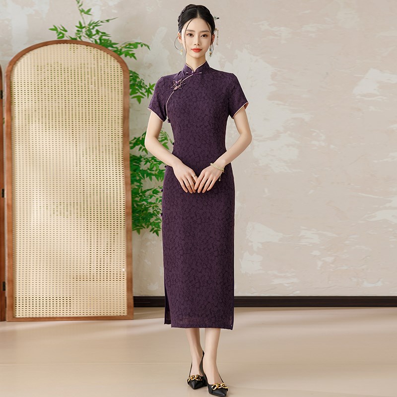 速发紫色送考旗袍女妈妈长款2025新款夏季新中式日常可穿喜婆婆婚