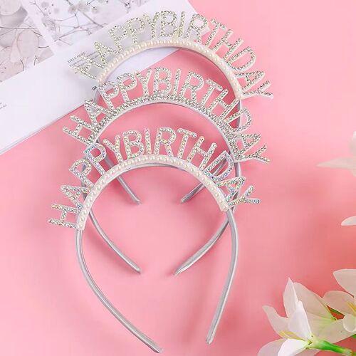 新品网红唯美珍珠款生日快乐发箍女神生日派对拍照道具Z水晶镶钻