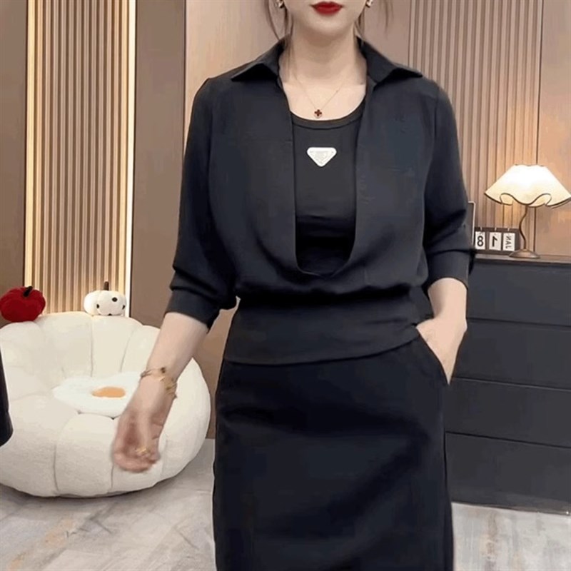 速发法式时尚高级感背心假两件衬衫女T恤衬衫圆领小众黑色宽松上