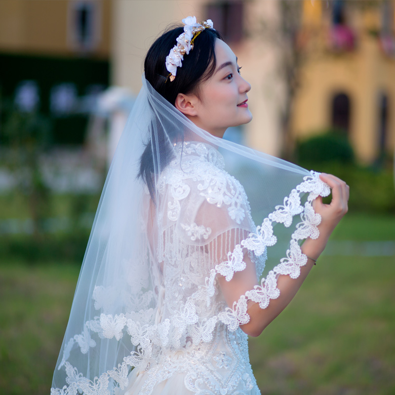 极速头纱新款新娘韩式头纱短款蕾丝头纱婚纱礼服超长Y头纱结婚头