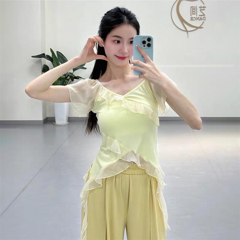 古典舞蹈服飘逸仙气形体练功服上衣荷叶边短袖中国现代舞演出服装