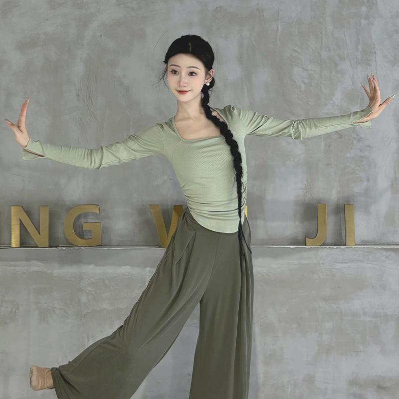 古典舞长袖上衣修身针织方领舞蹈练功服女成人现代舞形体训练服装