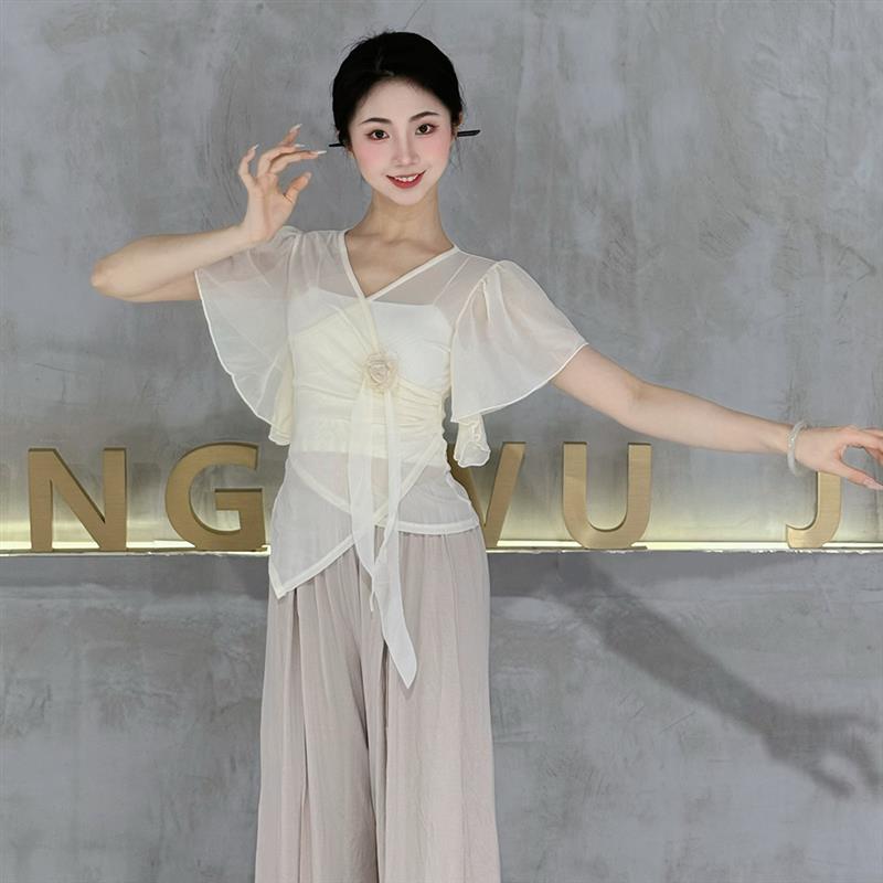 古典舞纱衣立体花朵温柔上衣舞蹈练功服灯笼袖演出服中国舞训练服