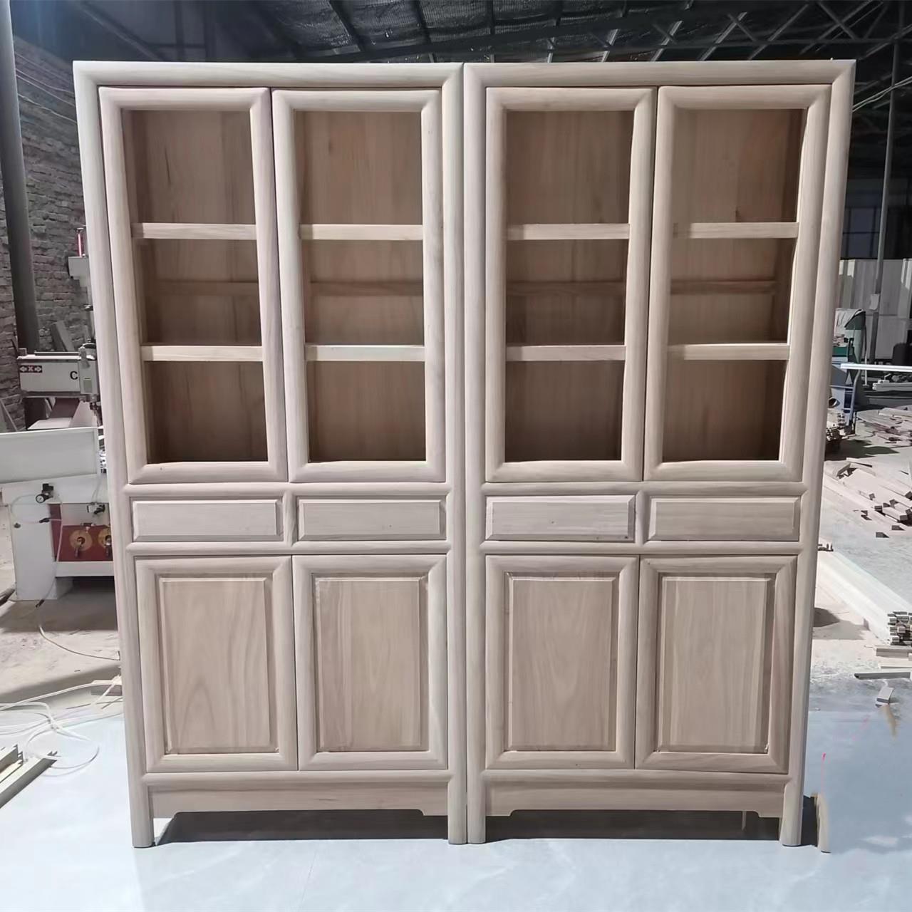 新中式书柜白茬老榆木全实木组合书橱白胚置物架免漆简约书架白坯