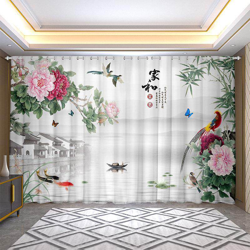 新中式牡丹窗帘客厅会议室茶室山水风景画免打孔遮阳遮光定制纱帘
