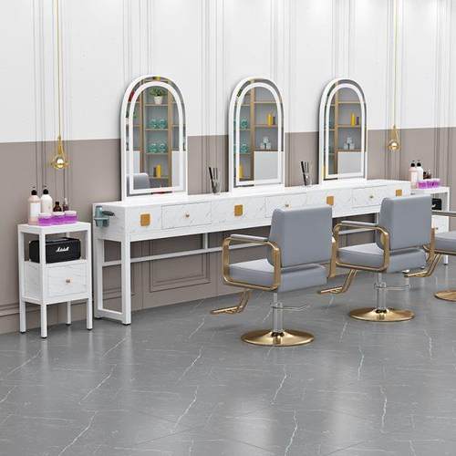 理发店镜台发廊专用彷大理石面柜子一体双面镜烫染美发店剪发镜子