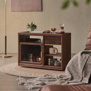 北美黑胡桃木全实木沙发边几客厅可移动置物架多功能大容量茶水柜