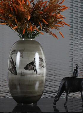 新中式复古手绘鲤鱼陶瓷花瓶样板房书房售楼处干花花器艺术品摆件