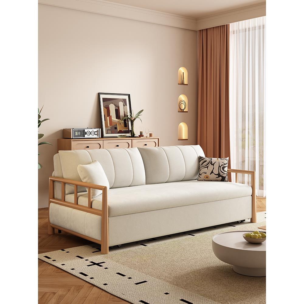 2025年新款猫抓绒实木新中式沙发床多功能可折叠客厅坐卧两用