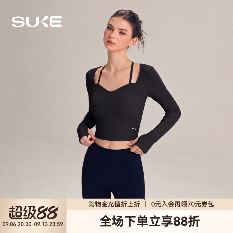 SUKE绝美瑜伽服套装女士秋冬高级显瘦运动T恤带胸垫短款长袖上衣