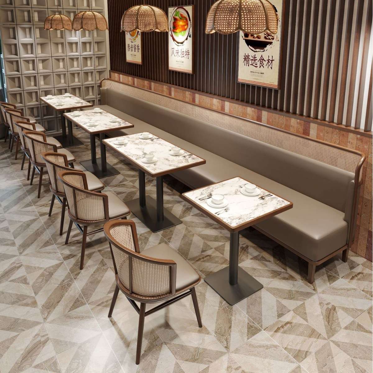 编藤卡座沙发东南亚主题餐厅茶楼日料店饭店小吃面馆实木商用桌椅