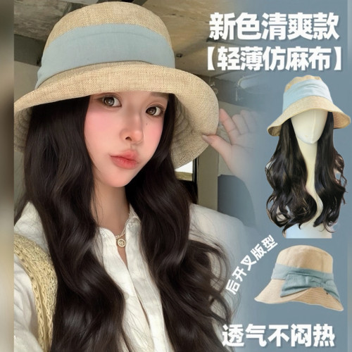 日系简约大帽檐渔夫帽假发女透气轻薄夏可折叠后开叉蝴蝶结遮阳韩