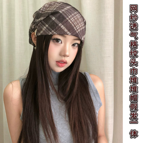 头巾帽假发一体女长直发薄透气春夏网纱百搭时髦旅游出片包头冷帽