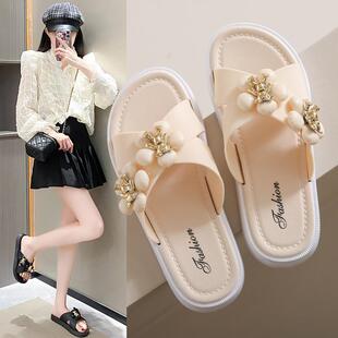 新品20a23年凉鞋拖鞋一体二合一女款夏天外穿珍珠懒人凉拖休闲白