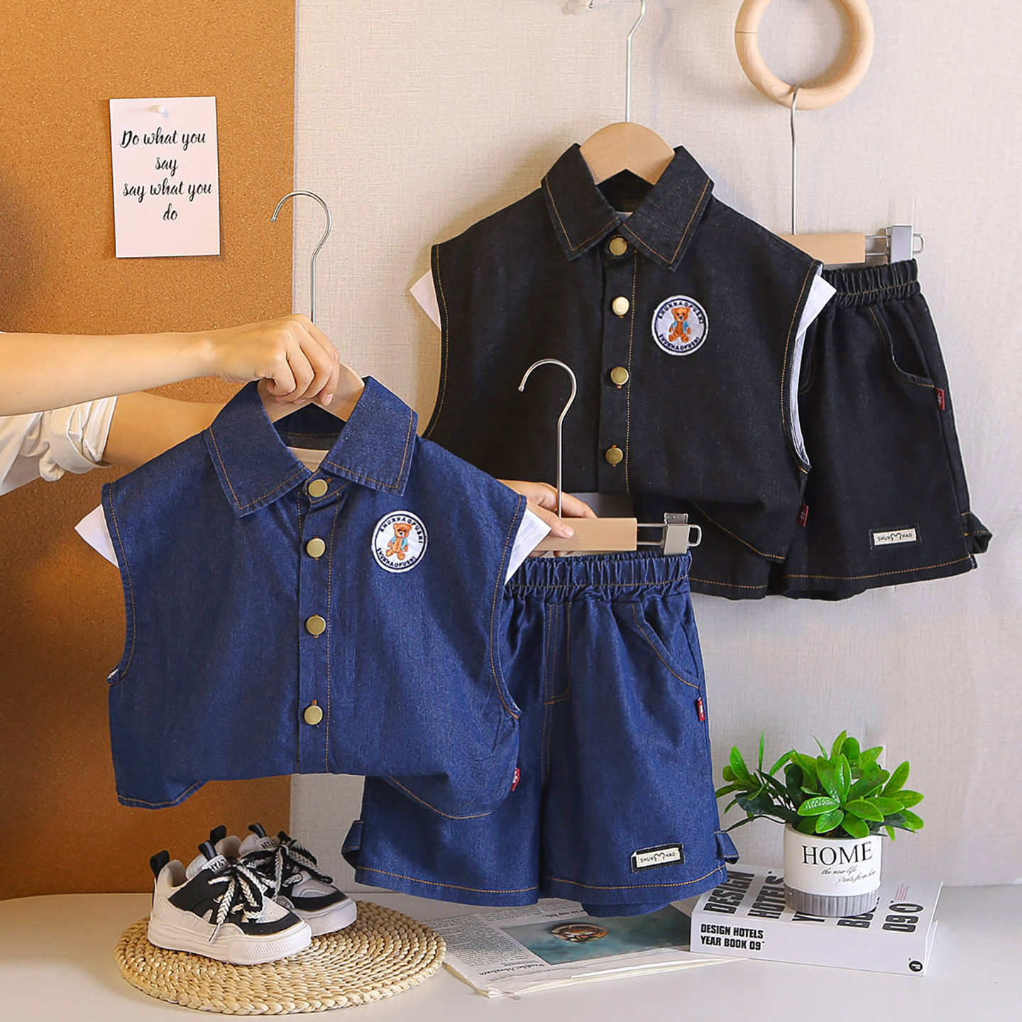 2026新款男童夏季牛仔三件套装休闲洋气薄款短袖衬衫帅气时髦潮酷