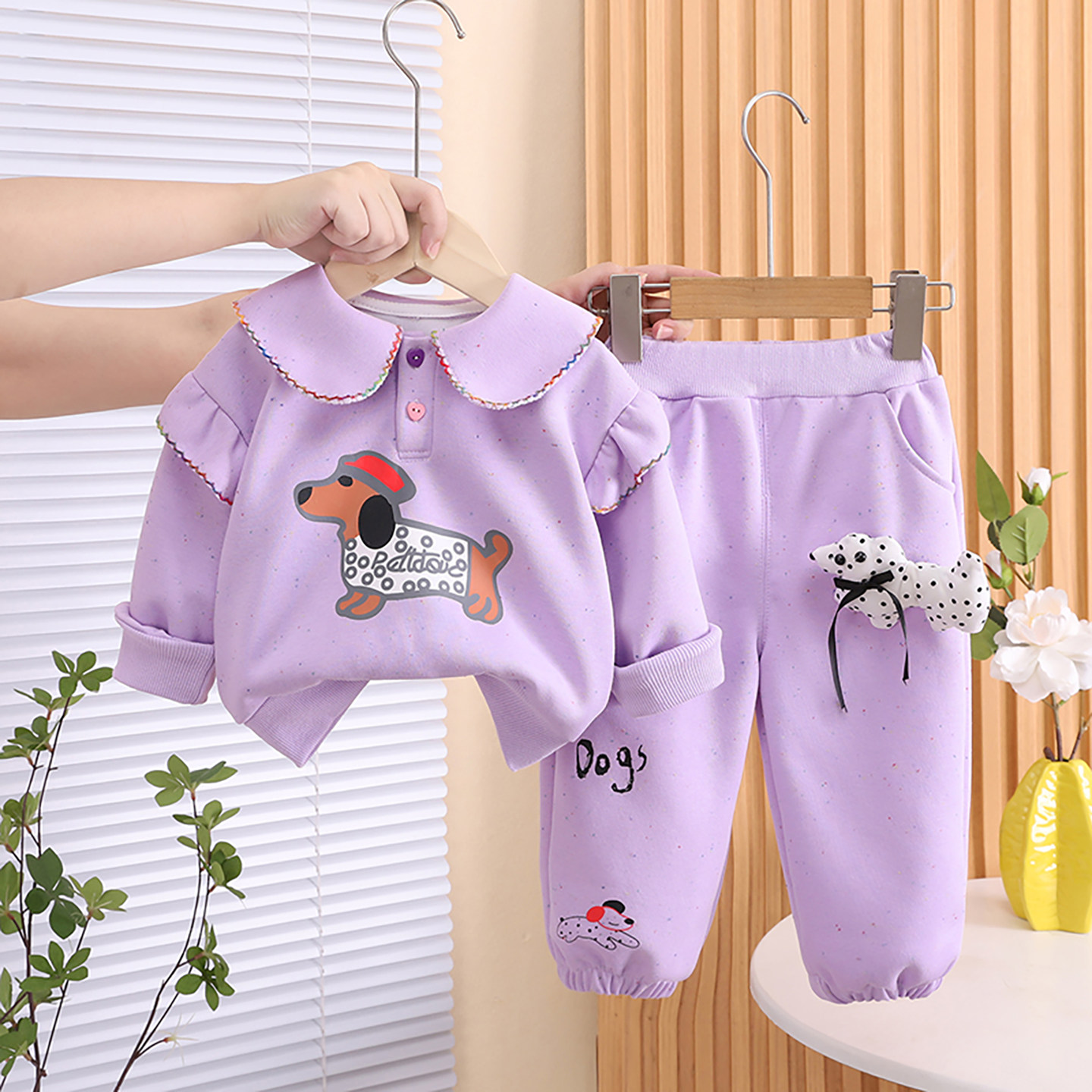 2026新款女童春秋娃娃领卫衣两件套装宝宝休闲卡通小狗衣服气时髦