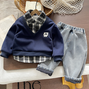 男童套装2025新款秋冬季加绒加厚假两件卫衣两件套小宝宝洋气百搭