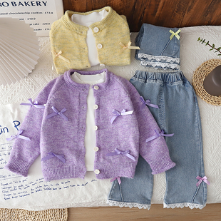 2026新款春秋季甜美风女童蝴蝶结针织开衫毛衣三件套装洋气时髦潮