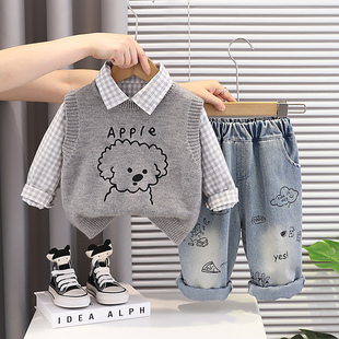 2026新款男童春秋休闲套装三件套针织马甲格子衬衫牛仔裤卡通可爱