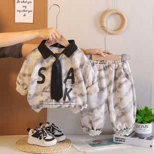 2026新款男童休闲两件套装春秋翻领领带衬衫长袖洋气酷帅polo衫潮