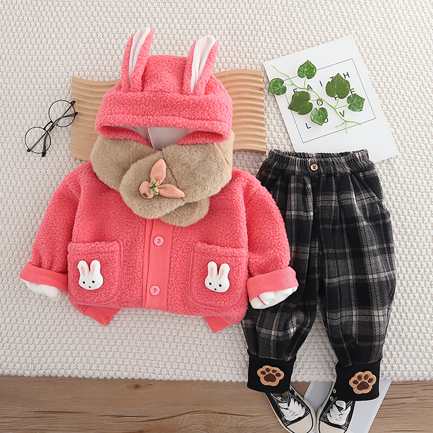 女童套装2025新款秋冬季加绒加厚连帽羊羔绒棉服袄外套两件套宝宝