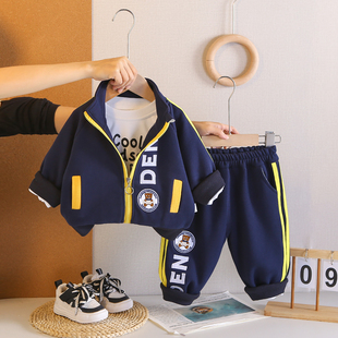 2026新款男童春秋套装休闲运动风三件套洋气婴儿宝宝拉链外套潮酷