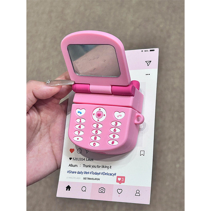 可爱kt猫镜子大哥大airpods4代翻盖耳机壳4代适用苹果AirPodsPro2硅胶软壳耳机保护套3代华强北5代耳机套少女