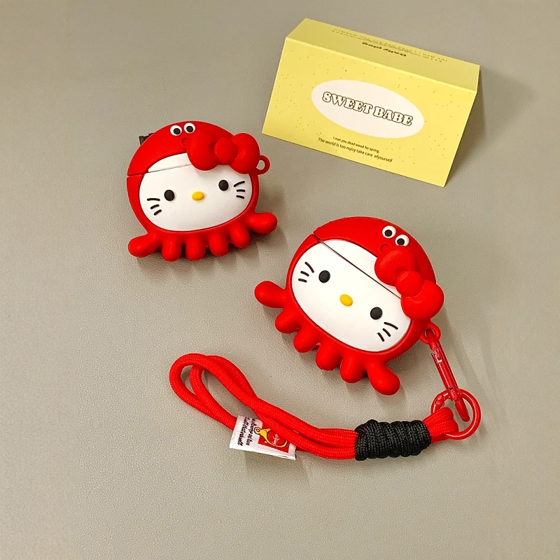 卡通可爱章鱼Kitty猫耳机保护套适用苹果AirPods4代硅胶软壳耳机壳airpods3代无线蓝牙pro2代耳机套华强北5代