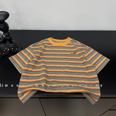 【橙色条纹】2026新款夏季儿童短袖T恤条纹设计潮牌韩版白搭宽松