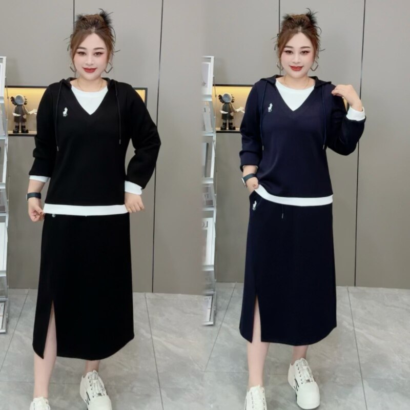 高品胖mm大码女装早秋遮肉显瘦减龄假两件时尚连帽套裙 上衣+半裙