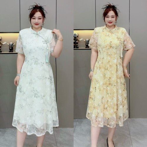 洋气大码胖mm遮肉显瘦女装时尚减龄高品国风改良盘扣旗袍连衣裙