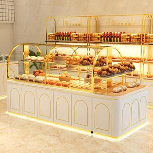 高端面包店展示柜不锈钢镀钛实木中岛柜边柜蛋糕店模型面弧形玻璃