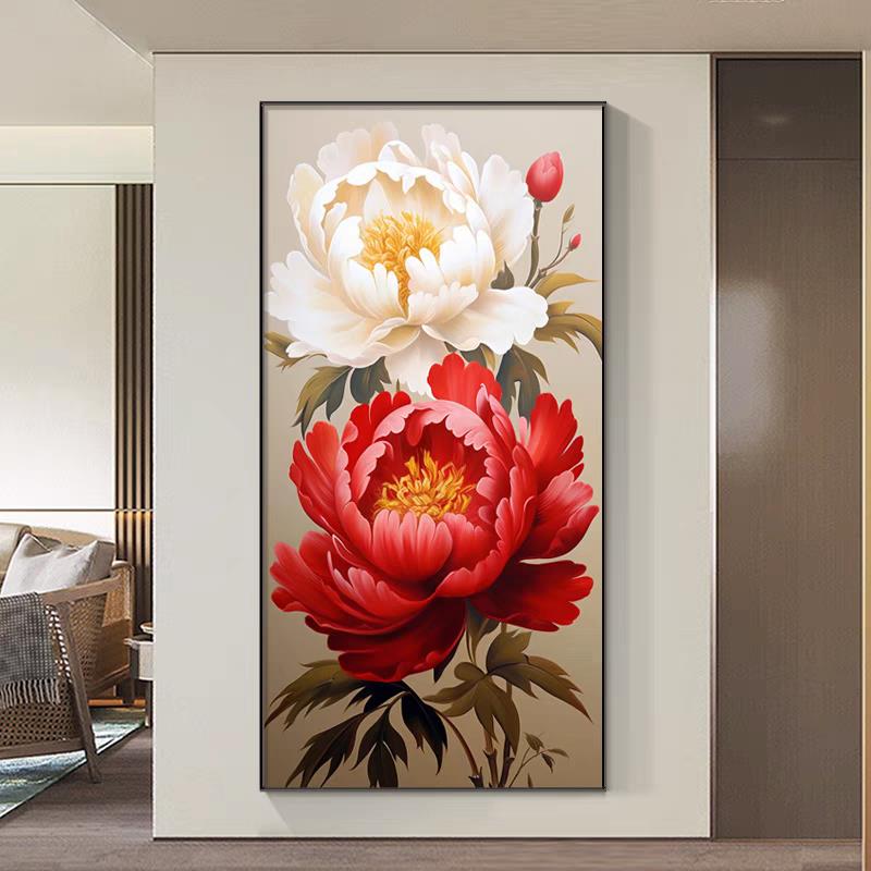 牡丹花玄关装饰画进门简约新中式大气高档壁画走廊过道花开富贵画图片