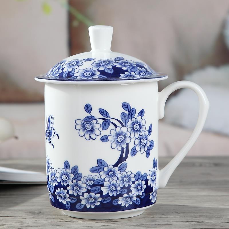 景德镇茶杯陶瓷带盖子骨瓷小号水杯子青花瓷器办公会议礼品杯定制