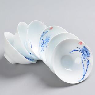 白瓷薄胎青花瓷手绘陶瓷茶杯荷花小鱼斗笠杯大号纯手绘功夫茶包邮