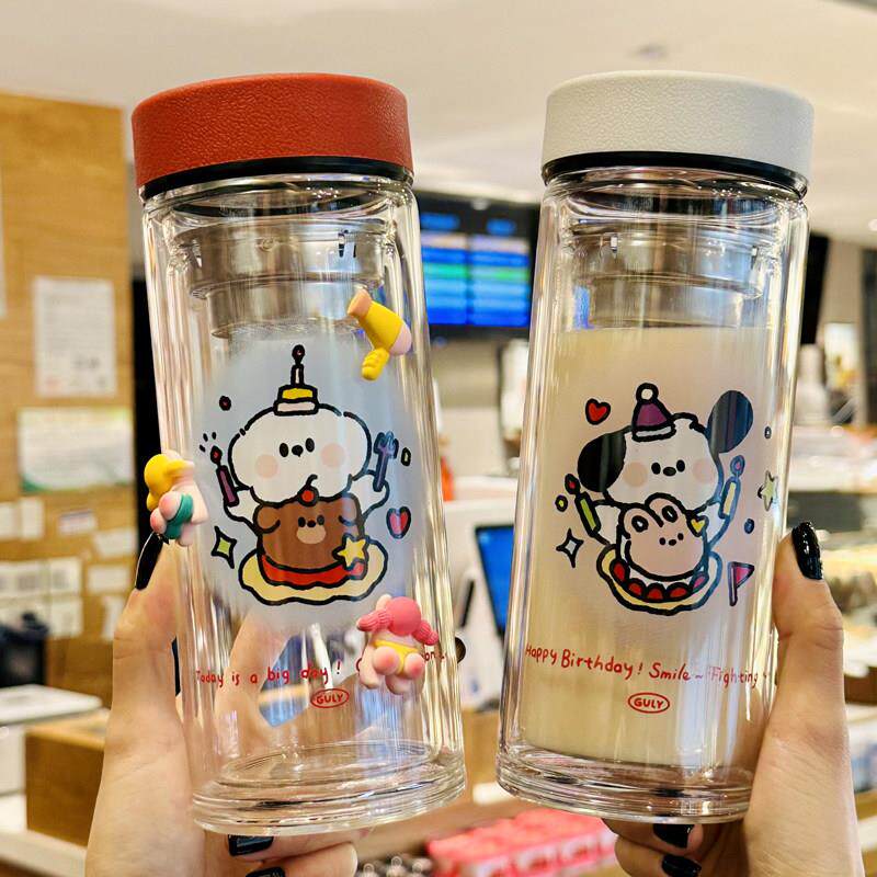 高颜值女生双层隔热玻璃杯2025新款家用喝水杯茶水分离泡茶杯子