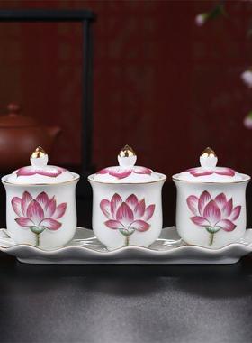 陶瓷圣水杯三联供供水杯供佛杯家用佛前供奉莲花供杯敬佛杯