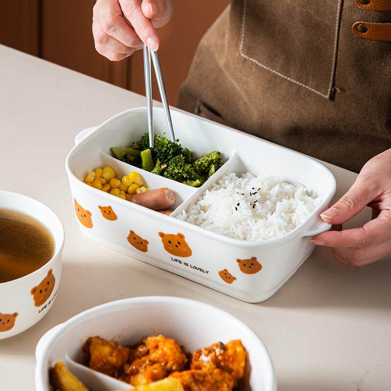 陶瓷分格饭盒可微波炉加热专用上班族学生带盖子高颜值女便当保鲜