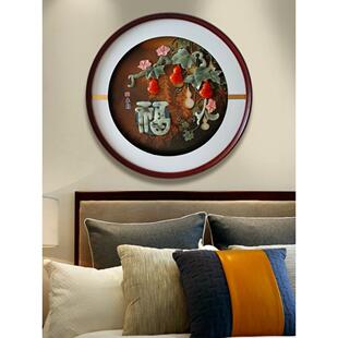 客厅玄关装饰画新中式餐厅过道走廊挂画圆形玉雕LDE灯带玻璃壁挂