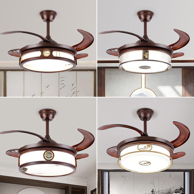 新中式风扇灯吊扇灯乌檀木中国风餐厅吊灯具六档隐形静音灯扇一体