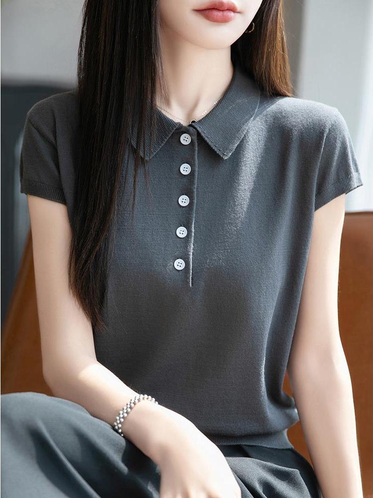 纯棉针织POLO领冰丝短袖女春夏款薄凉感气质百搭翻领正肩上衣t恤