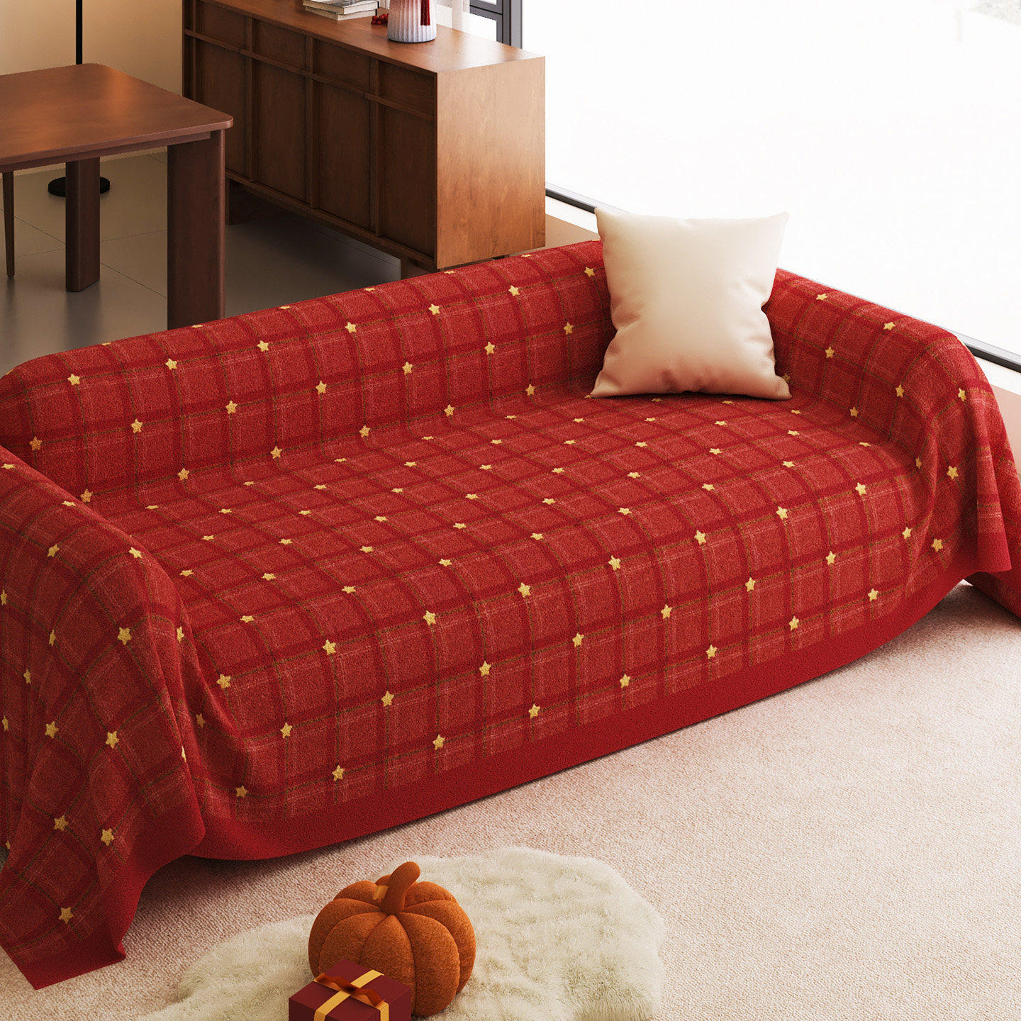 新年沙发盖布冬季毛绒加厚沙发巾一整张全盖红色喜庆氛围感沙发毯,居家布艺,沙发垫,淘宝优惠券,粉丝福利购,淘宝优惠卷