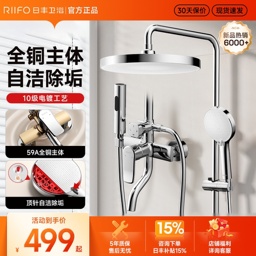 日丰淋浴花洒套装家用增压沐浴器淋浴房银色花洒淋雨明装全铜套装