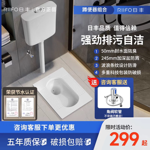 日丰蹲坑式蹲便器陶瓷家用蹲厕便盆厕所防臭卫生间冲厕所水箱套装