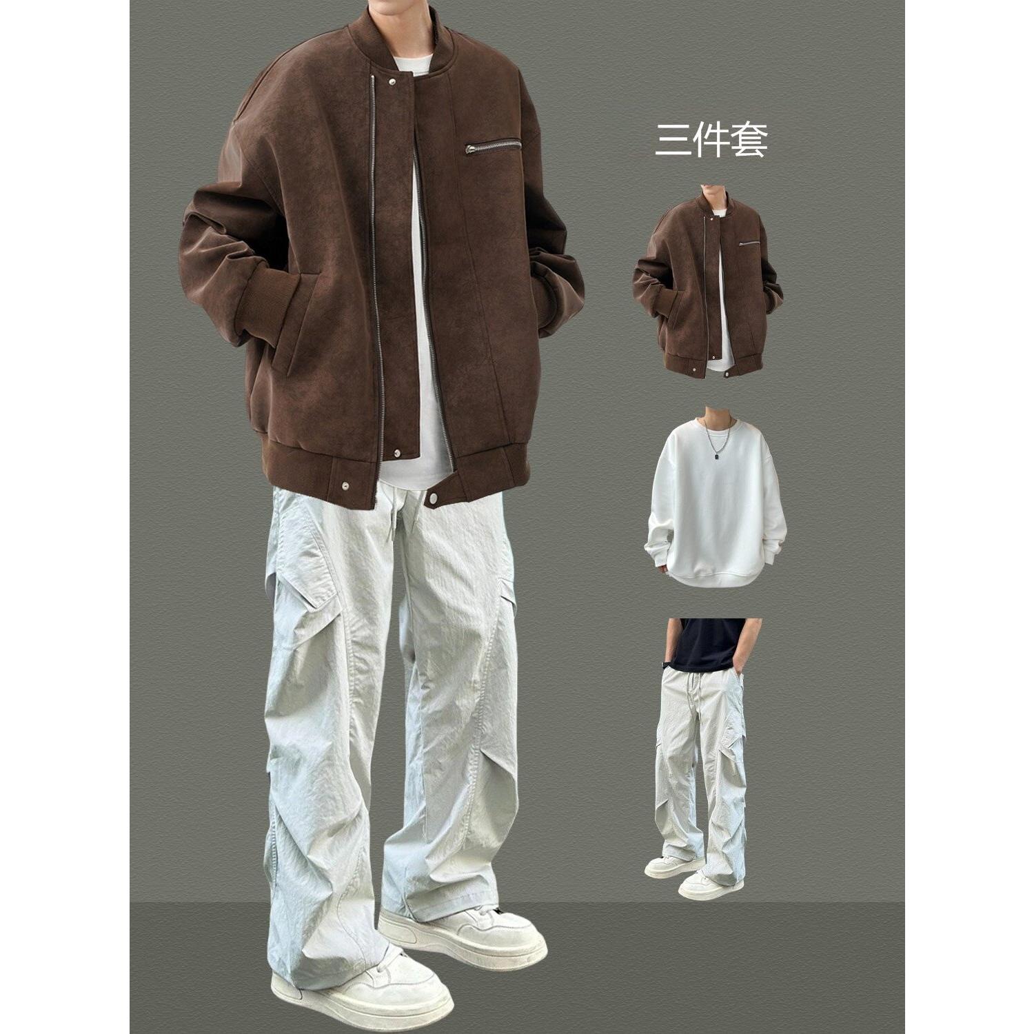 XPMR棒球服外套美式街头机车皮衣夹克男生痞帅气穿搭青少年三件套